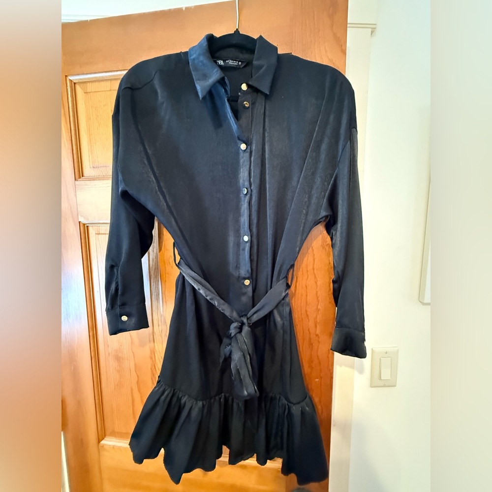 Black ruffle belted mini dress size small Zara